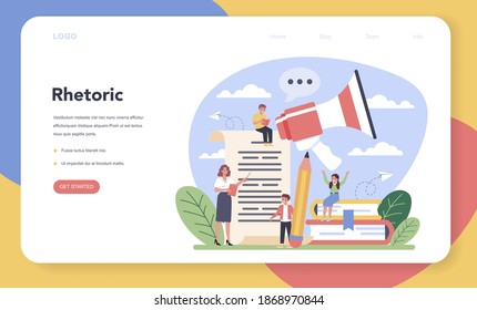 Rhetoric or elocution school class web banner or landing page. Voice training and speech improvement. Public speaking and voice projection techniques. Isolated flat vector illustration
