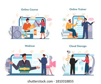 Rhetoric or elocution specialist online service or platform set. Professional speaker or commentator speaking to a microphone. Online course, trainer, webinar, cloud storage. Vector illustration