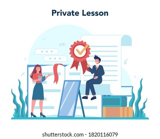 Rhetoric or elocution specialist. Professional speaker or commentator speaking to a microphone. Broadcasting or public address. Business seminar speaker. Isolated flat vector illustration