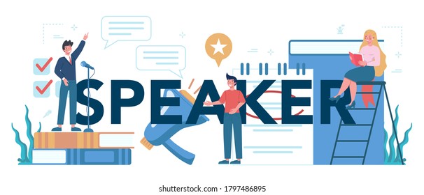 Rhetoric or elocution specialist typographic header. Professional speaker or commentator. Broadcasting or public address. Business seminar speaker. Isolated flat vector illustration