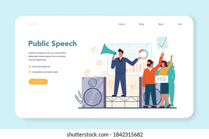 Rhetoric or elocution specialist web banner or landing page. Professional speaker or commentator speaking to a microphone. Broadcasting or public address. Isolated flat vector illustration