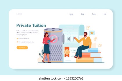 Rhetoric or elocution specialist web banner or landing page. Professional speaker or commentator speaking to a microphone. Broadcasting or public address. Isolated flat vector illustration