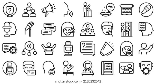 Rhetoric icons set outline vector. Knowledge lecture. Communication distance