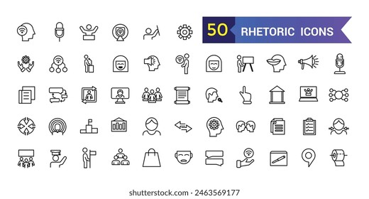 Los iconos retóricos establecen el Vector de contorno. Conferencia de conocimiento. Distancia de comunicación. Colección de iconos de esquema. Trazo editable.