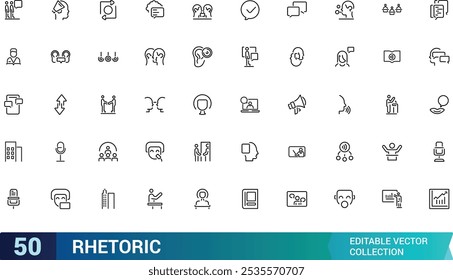 Rhetorik-Icons setzen Umrissvektor. Verwandt mit Sprache, Sprache, Publikum, Audio und mehr. Gliederungsvektorsymbol. Gliederungssymbolsammlung. Bearbeitbarer Strich.