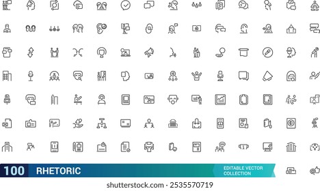 Rhetorik-Icons setzen Umrissvektor. Verwandt mit Sprache, Sprache, Publikum, Audio und mehr. Gliederungsvektorsymbol. Gliederungssymbolsammlung. Bearbeitbarer Strich.