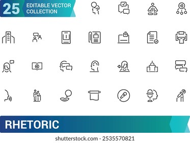 Rhetorik-Icons setzen Umrissvektor. Verwandt mit Sprache, Sprache, Publikum, Audio und mehr. Gliederungsvektorsymbol. Gliederungssymbolsammlung. Bearbeitbarer Strich.