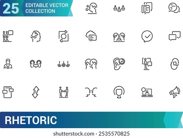 Rhetorik-Icons setzen Umrissvektor. Verwandt mit Sprache, Sprache, Publikum, Audio und mehr. Gliederungsvektorsymbol. Gliederungssymbolsammlung. Bearbeitbarer Strich.