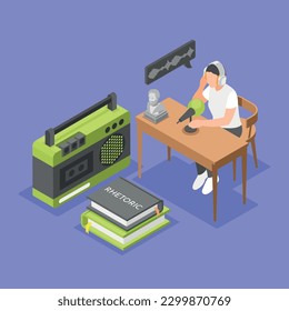Rhetoric isometric background with person training speaking into microphone 3d vector illustration