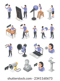 Rhetoric public speaking training isometric icons set with people practising with microphones in front of mirror isolated vector illustration