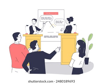 Rhetoric school class concept. Men and women studying to public speaking. Education and learning. Public speaking and performing. Linear flat vector illustration isolated on white background
