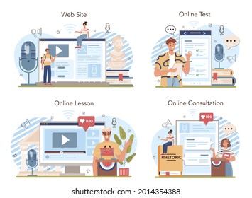 Rhetoric school class online service or platform set. Students training public speaking. Voice projection and speech techniques. Online lesson, test, consultation, website. Flat vector illustration