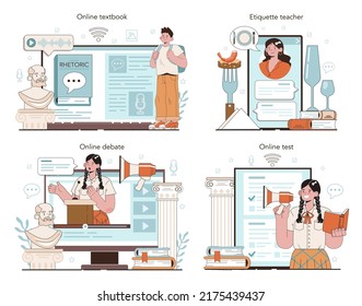 Rhetoric School Class Online Service Or Platform Set. Students Training Public Speaking And Debates. Speech Improvement Techniques. Online Textbook, Debate, Test, Etiquette. Flat Vector Illustration