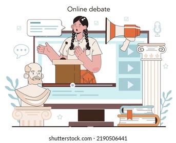 Rhetoric School Class Online Service Or Platform. Students Training Public Speaking And Debates. Speech Improvement Techniques. Online Debate. Flat Vector Illustration