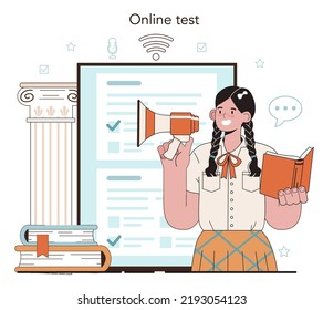 Rhetoric School Class Online Service Or Platform. Students Training Public Speaking And Debates. Speech Improvement Techniques. Online Test. Flat Vector Illustration