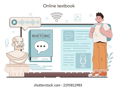 Rhetoric School Class Online Service Or Platform. Students Training Public Speaking And Debates. Speech Improvement Techniques. Online Textbook. Flat Vector Illustration