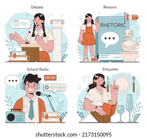 Rhetoric School Class Set. Students Training Public Speaking And Debates. Voice Projection And Speech Improvement Techniques. School Radio Club. Isolated Flat Vector Illustration