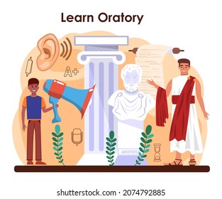 Rhetoric school class. Students training public speaking and debates. Voice projection and speech improvement techniques. Isolated flat vector illustration