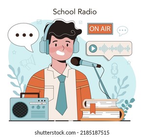 Rhetoric School Class. Students Training Public Speaking And Debates. Voice Projection And Speech Improvement Techniques. School Radio Club. Isolated Flat Vector Illustration