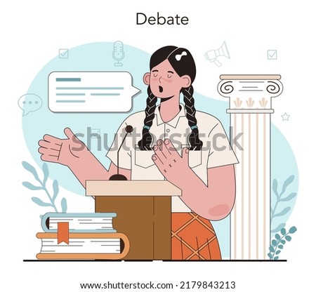 Rhetoric school class. Students training public speaking and debates. Voice projection and speech improvement techniques. School radio club. Isolated flat vector illustration