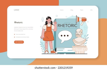 Rhetoric School Class Web Banner Or Landing Page. Students Training Public Speaking And Debates. Voice Projection And Speech Improvement Techniques. School Radio Club. Flat Vector Illustration