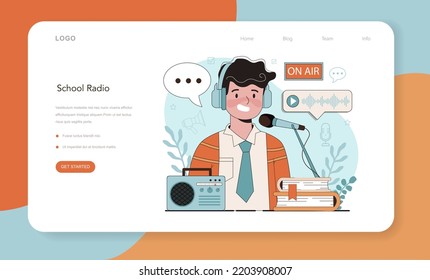 Rhetoric School Class Web Banner Or Landing Page. Students Training Public Speaking And Debates. Voice Projection And Speech Improvement Techniques. School Radio Club. Flat Vector Illustration