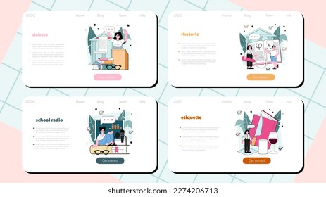Rhetoric school class web banner or landing page set. Students training public speaking and debates. Voice projection and speech improvement techniques. School radio club. Flat vector illustration