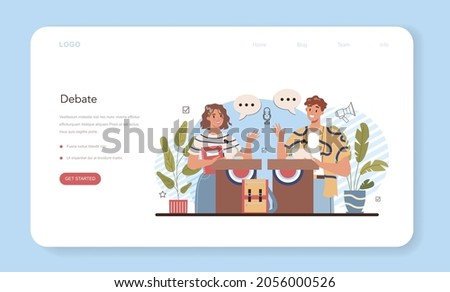 Rhetoric school class web banner or landing page. Students training debates speech. Debaiting at school. Voice projection and speech improvement techniques. School radio club. Flat vector illustration