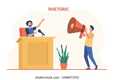 Rhetoric specialist giving advice to man. Cartoon teacher at tribune, person with huge speaker flat vector illustration. Rhetoric, public speech concept for banner, website design or landing web page
