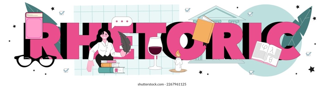 Rhetoric typographic header. Students training public speaking and debates. Voice projection and speech improvement techniques. School radio club. Flat vector illustration