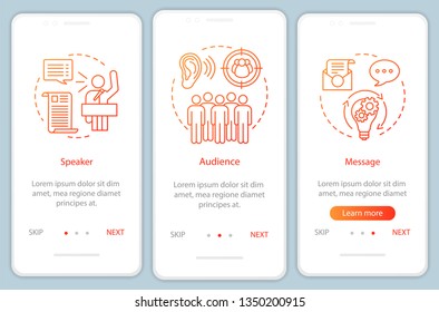 Rhetorical triangle onboarding mobile app page screen vector template. Leadership skills. Speaker, audience, message. Walkthrough website steps with line icons. UX, UI, GUI smartphone interface
