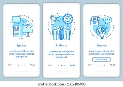 Rhetorical triangle onboarding mobile app page screen vector template. Leadership skills. Speaker, audience, message. Walkthrough website steps with line icons. UX, UI, GUI smartphone interface