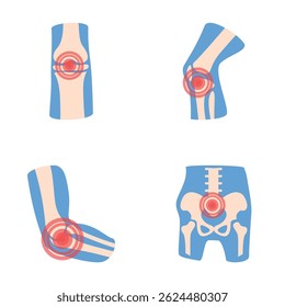 Rheumatic disease icons set cartoon vector. Human joint with pain ring. Rheumatology, medicine