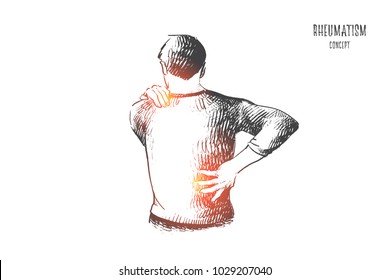 Rheumatism concept. Hand drawn man suffering from back and neck pain. Muscle spasm, rheumatism isolated vector illustration.