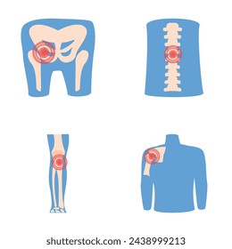 Rheumatism icons set cartoon vector. Human joint with pain ring. Rheumatology, medicine