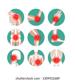 Rheumatism or rheumatic disorder medical set. Arthritis joint pain syndrome. Different body parts with pain rings on hand, leg and feet, spine, scull, pelvis. Rheumatology vector infographics elements