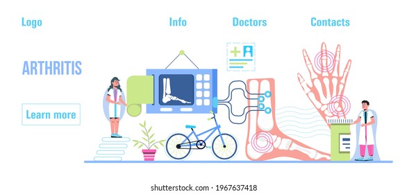 Rheumatoid arthritis of the foot. Tiny doctors treat rheumatism, osteoarthritis, make ultrasound, x ray. World arthritis day in October. Flat concept vector for landing page, banner, app.