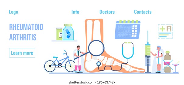 Rheumatoid arthritis of the foot. Tiny doctors treat rheumatism, osteoarthritis, make ultrasound, x ray. World arthritis day in October. Flat concept vector for landing page, banner, app.