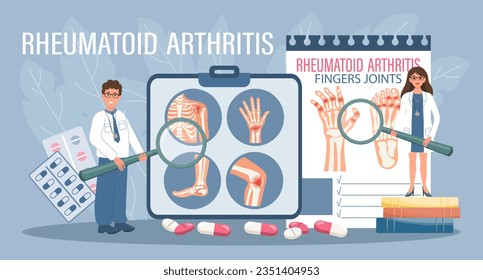 Rheumatoid arthritis for landing page. Arthritis treatment. Doctors with magnifiers show diseases of the human skeletal system. Template, banner, vector