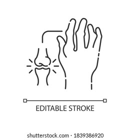 Rheumatoid arthritis linear icon. Pathological disease. Damaged bones in hand. Thin line customizable illustration. Contour symbol. Vector isolated outline drawing. Editable stroke