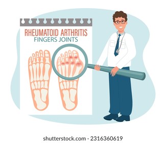 Rheumatoid arthritis. Osteoarthritis of the joints of the toes. Male doctor with a magnifying glass. Medical infographic banner, poster, vector