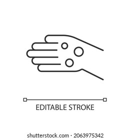 Rheumatoid nodules linear icon. Painless masses under skin. Malformations in bone. Firm bumps. Thin line customizable illustration. Contour symbol. Vector isolated outline drawing. Editable stroke