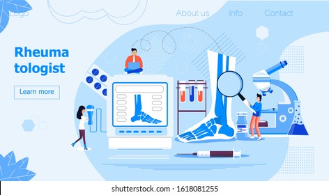 Rheumatologist concept for website. Tiny doctors treat rheumatism, osteoarthritis. Arthritis flat concept vector on the blue background for national healthcare day, week.