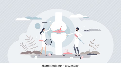 Rheumatologist as joint doctor and orthopedic specialist tiny person concept. Bone pain examination and leg injury or trauma professional treatment with diagnostics and injection vector illustration.