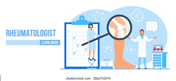 Rheumatologist vector concept. Osteoporosis world day. Tiny doctors research and treat osteoarthritis anatomical bones of human. Knee joint pain, fragility of lower leg are shown for landing page.