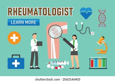 Rheumatologist vector design. Two doctors using a magnifier to examining patient foot joints