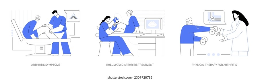 Rheumatology abstract concept vector illustration set. Arthritis symptoms, rheumatoid arthritis treatment, physical therapy rehabilitation, injection for chronic joint pain abstract metaphor.