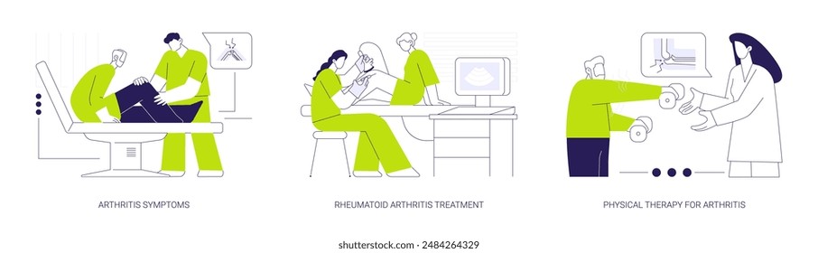 Conjunto de Ilustración vectorial de concepto abstracto de reumatología. Síntomas de artritis, tratamiento de artritis reumatoide, rehabilitación con fisioterapia, inyección para dolor articular crónico metáfora abstracta.