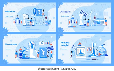 Rheumatology concept for website. Tiny rheumatologists treat rheumatism, osteoarthritis. Arthritis flat concept vector. Prothesis and orthopedic center illustration for website. Bionic metal limb.