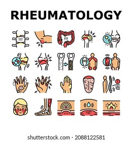 Rheumatology Disease Problem Icons Set Vector. Ankylosing Spondylitis And Polymyalgia Rheumatica, Polymyositis Muscle And Osteoporosis Bone Ill, Rheaumatology Treatment Line. Color Illustrations